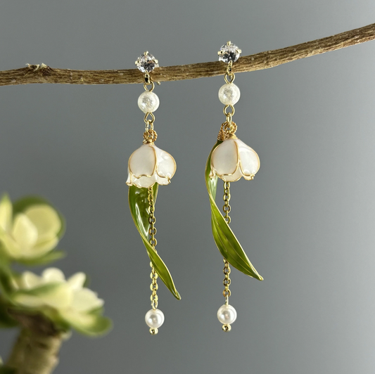 Lily of the Valley Flower Dangle Earrings, Handmade Nature Fairy Wire Wrapped Resin Jewelry, Cute Kawaii Floral Drop Earrings, Gift for Her