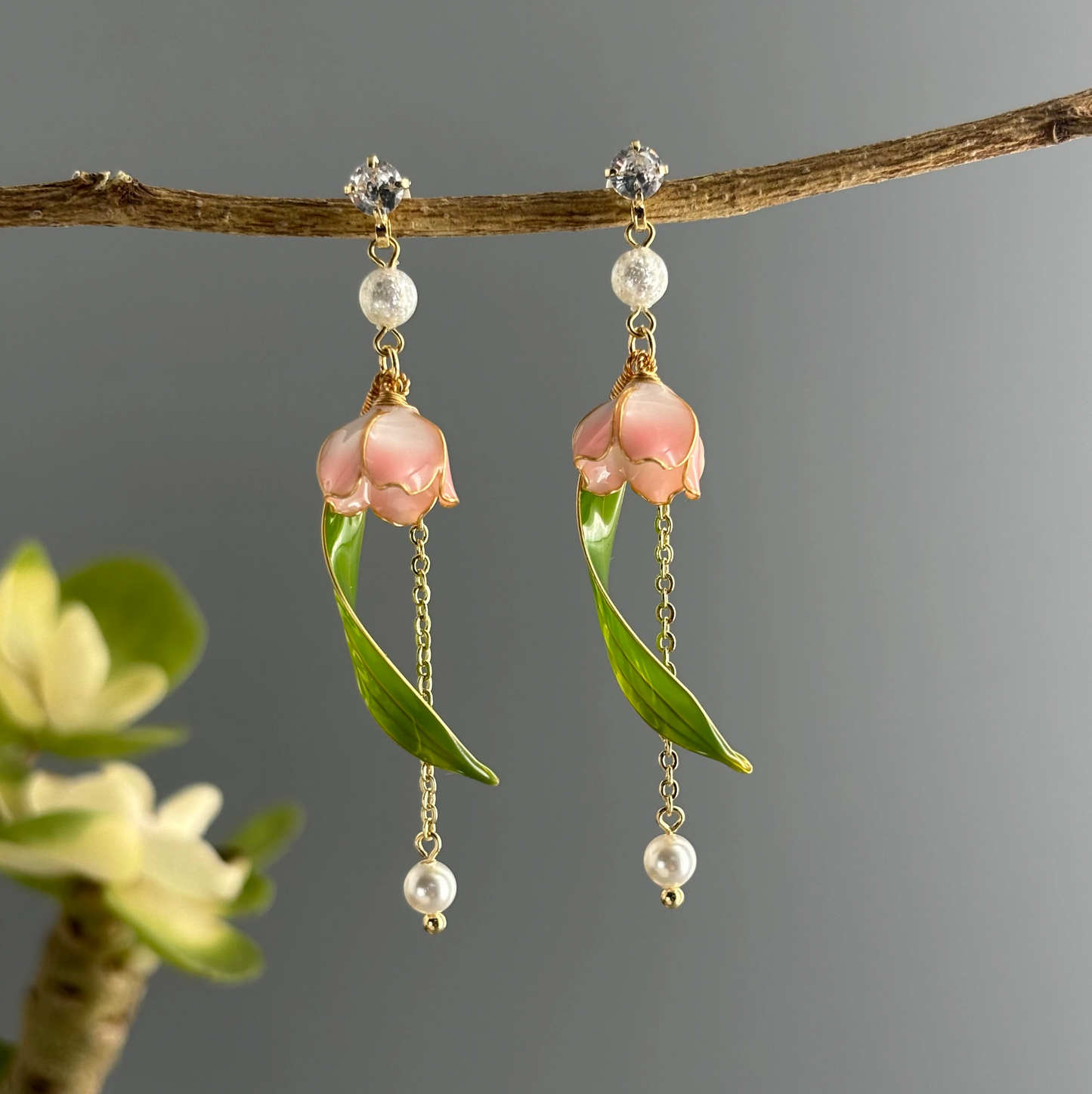 Lily of the Valley Flower Dangle Earrings, Handmade Nature Fairy Wire Wrapped Resin Jewelry, Cute Kawaii Floral Drop Earrings, Gift for Her