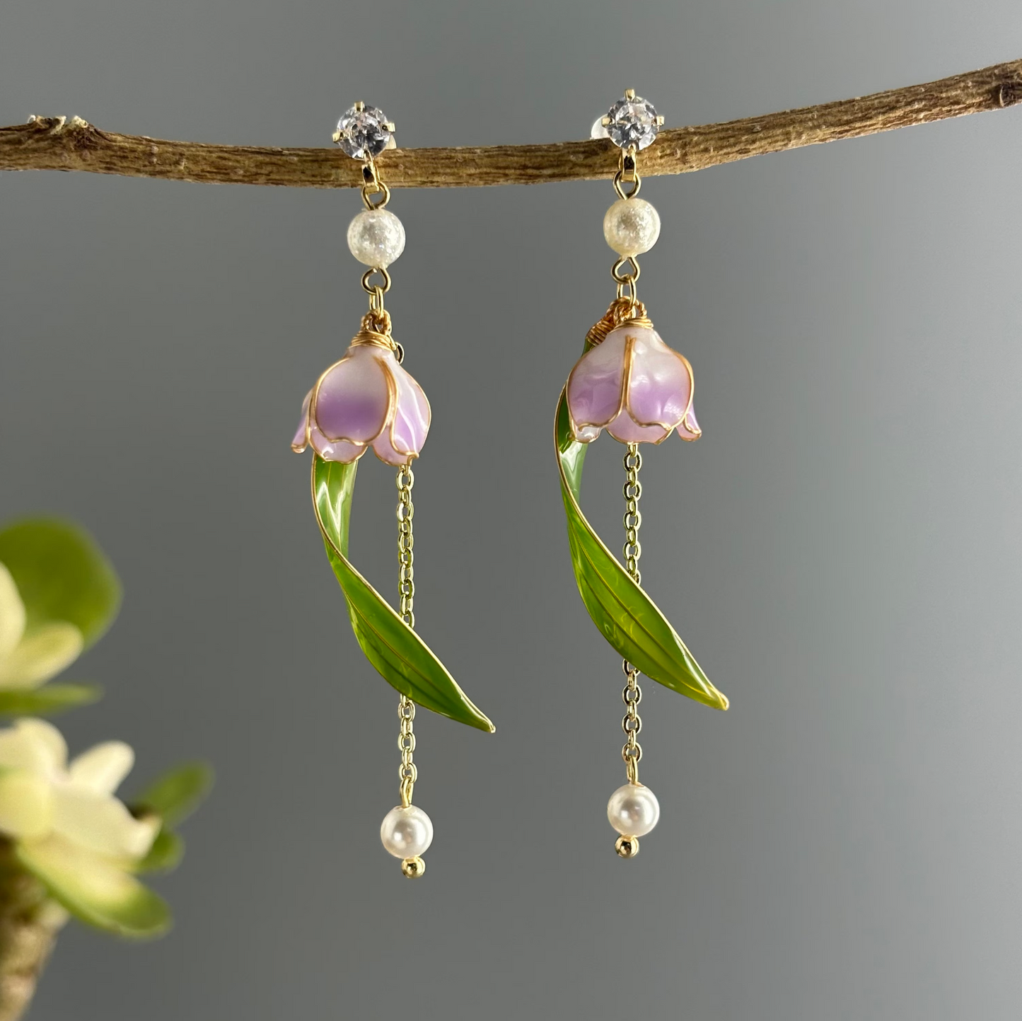 Lily of the Valley Flower Dangle Earrings, Handmade Nature Fairy Wire Wrapped Resin Jewelry, Cute Kawaii Floral Drop Earrings, Gift for Her