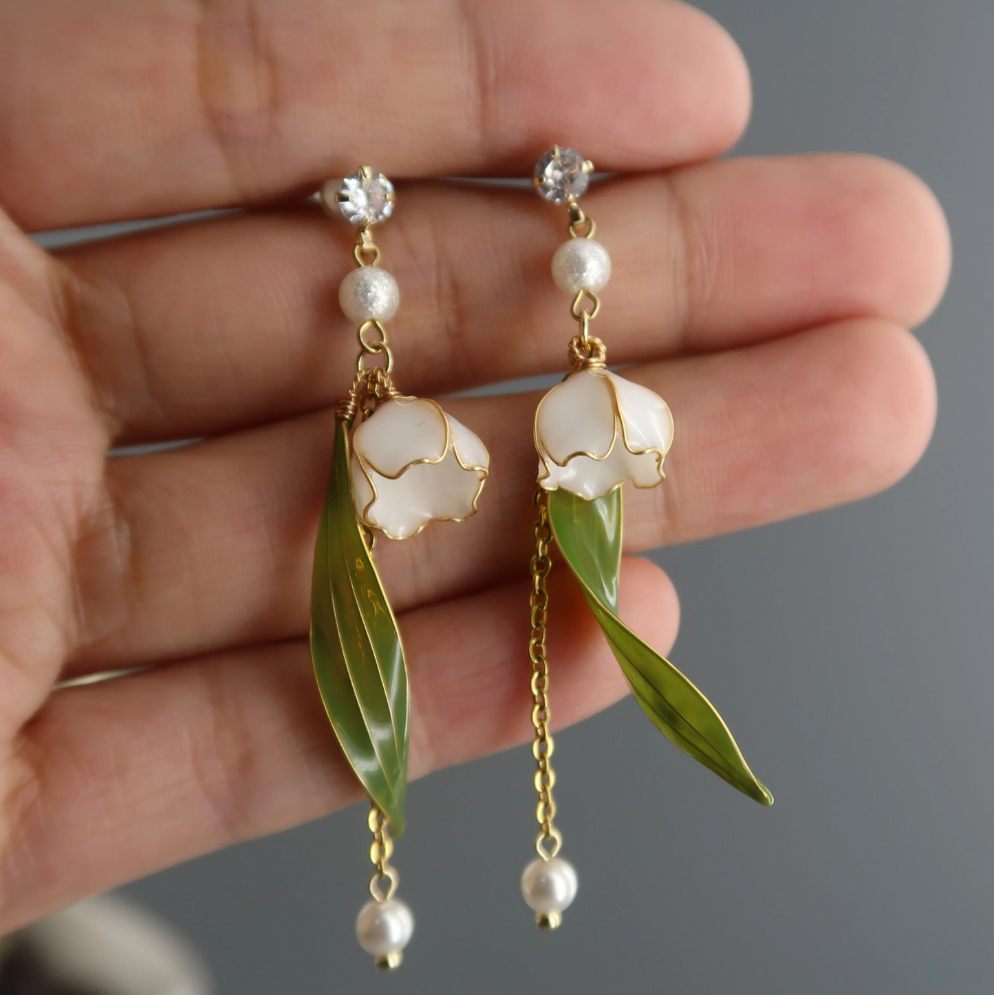 Lily of the Valley Flower Dangle Earrings, Handmade Nature Fairy Wire Wrapped Resin Jewelry, Cute Kawaii Floral Drop Earrings, Gift for Her