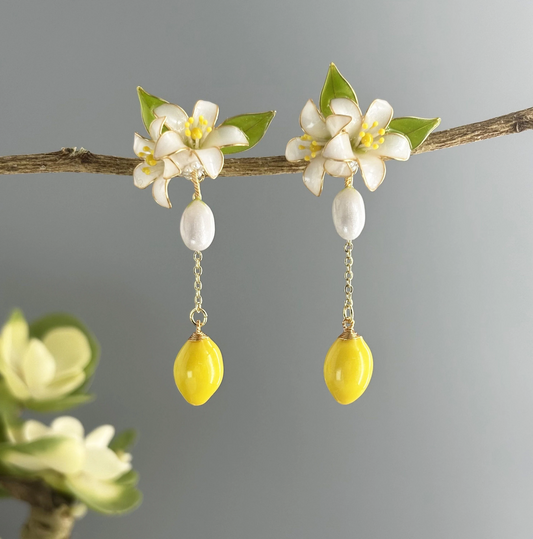 Fruit Food Lemon Earrings, Cute Kawaii Nature Fairy Earrings, Wire Wrapped Resin Plant Dangle Drop Jewelry, Mothers day gift for Her