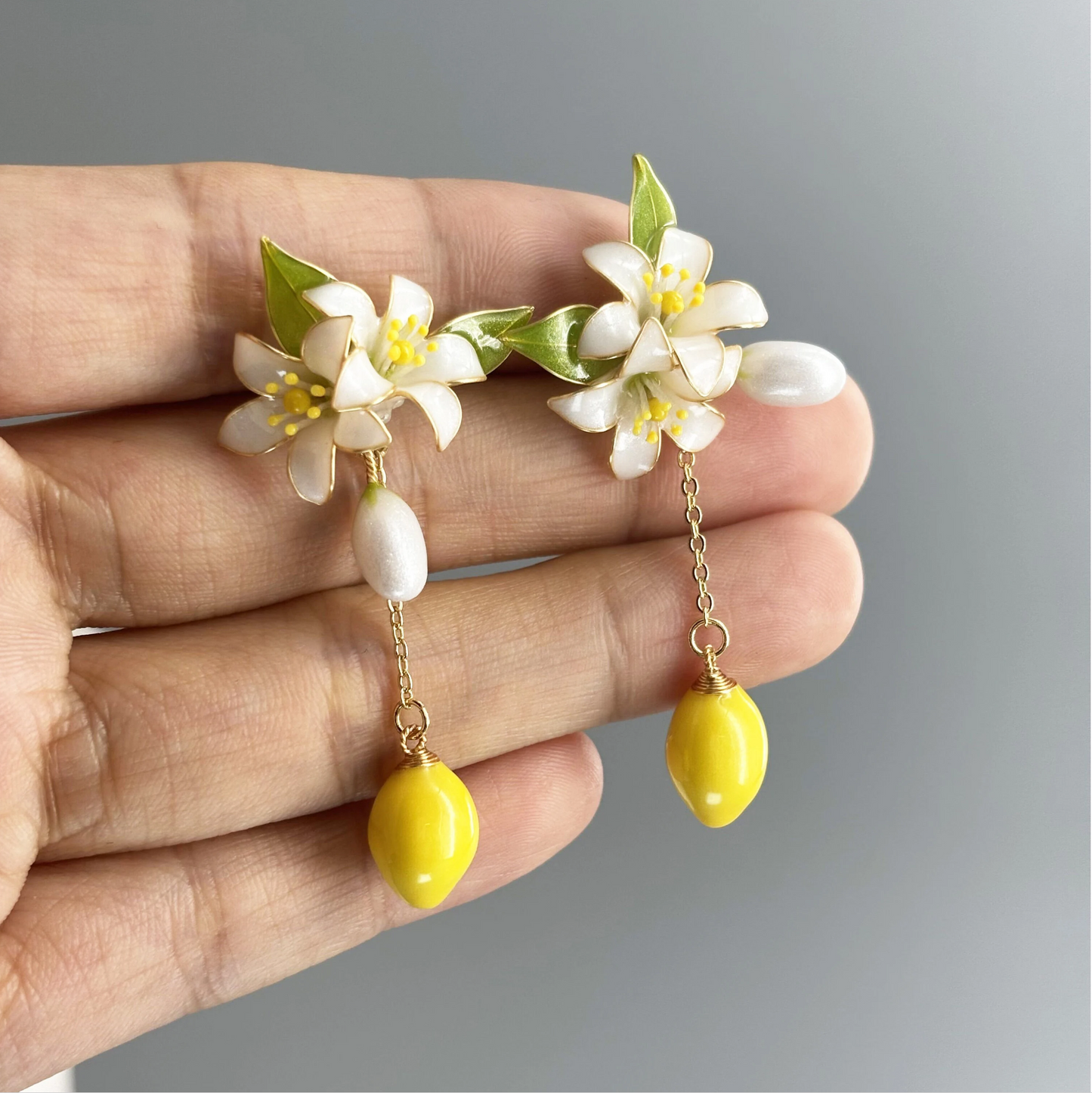 Fruit Food Lemon Earrings, Cute Kawaii Nature Fairy Earrings, Wire Wrapped Resin Plant Dangle Drop Jewelry, Mothers day gift for Her