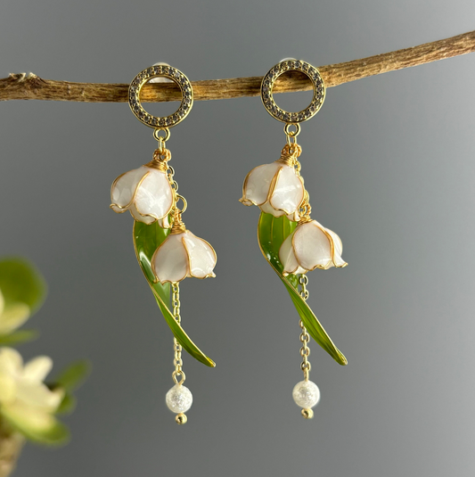 Lily of the Valley Floral Earrings, Nature Fairy Wire Wrapped Resin Handmade Jewelry, Cute Kawaii Dangle Drop Earrings, Wedding Gift for Her