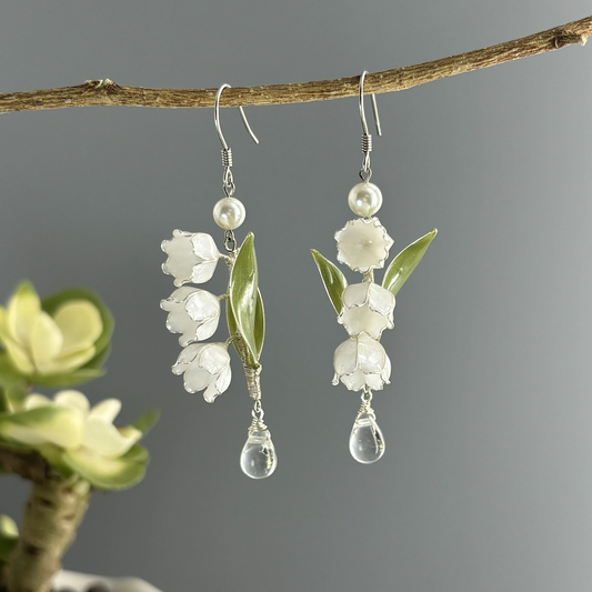 Lily of the Valley Floral Drop Earrings, Wire Wrapped Resin Dangle Earrings, Nature Fairy Cute Handmade Jewelry, Weddding Gift for Her