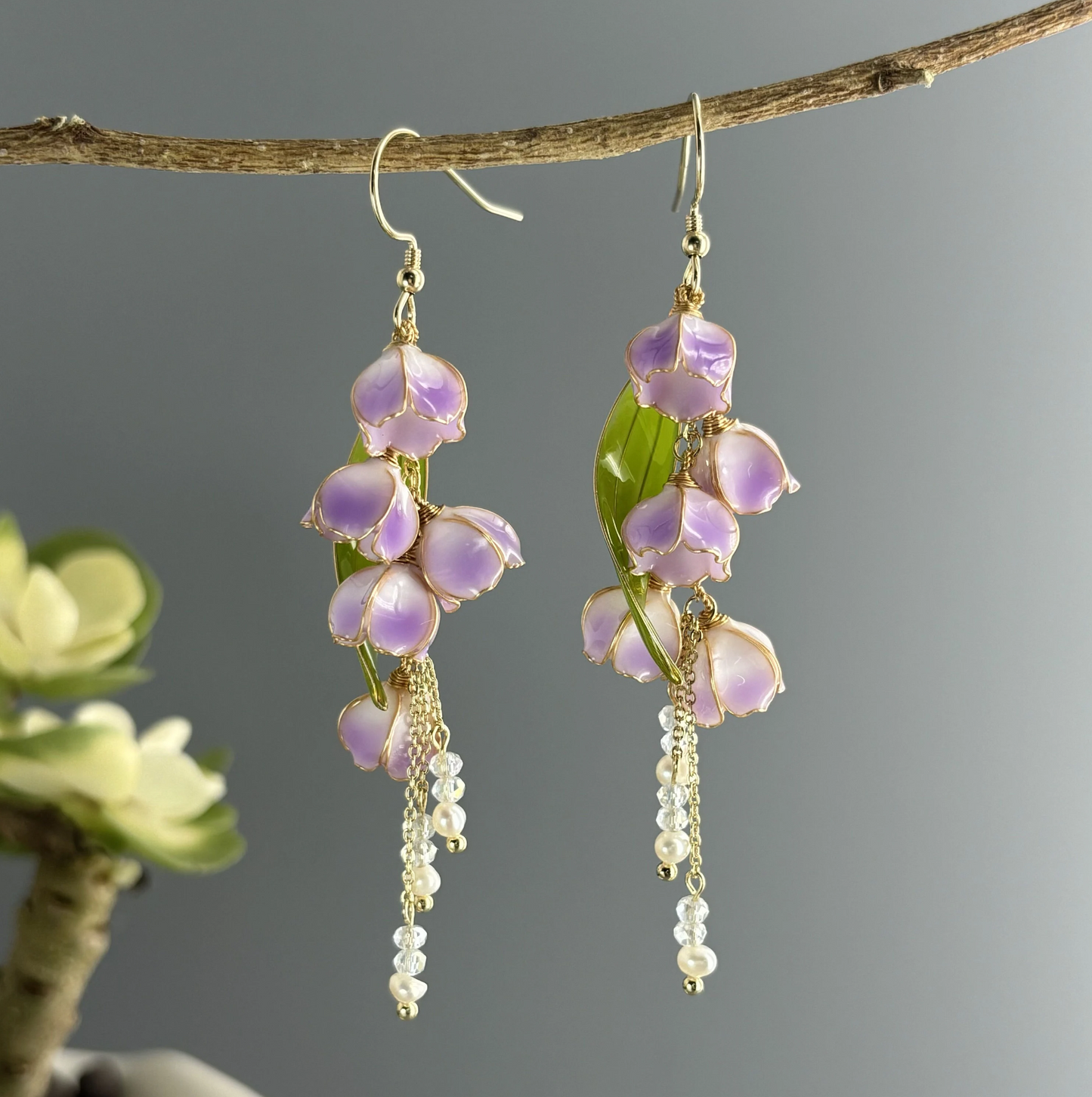 Lily of the Valley Floral Earrings, Cute Wire Wrapped Resin Dangle Drop Earrings, Nature Fairy Wedding Jewelry, Bridal Shower Gift for Her