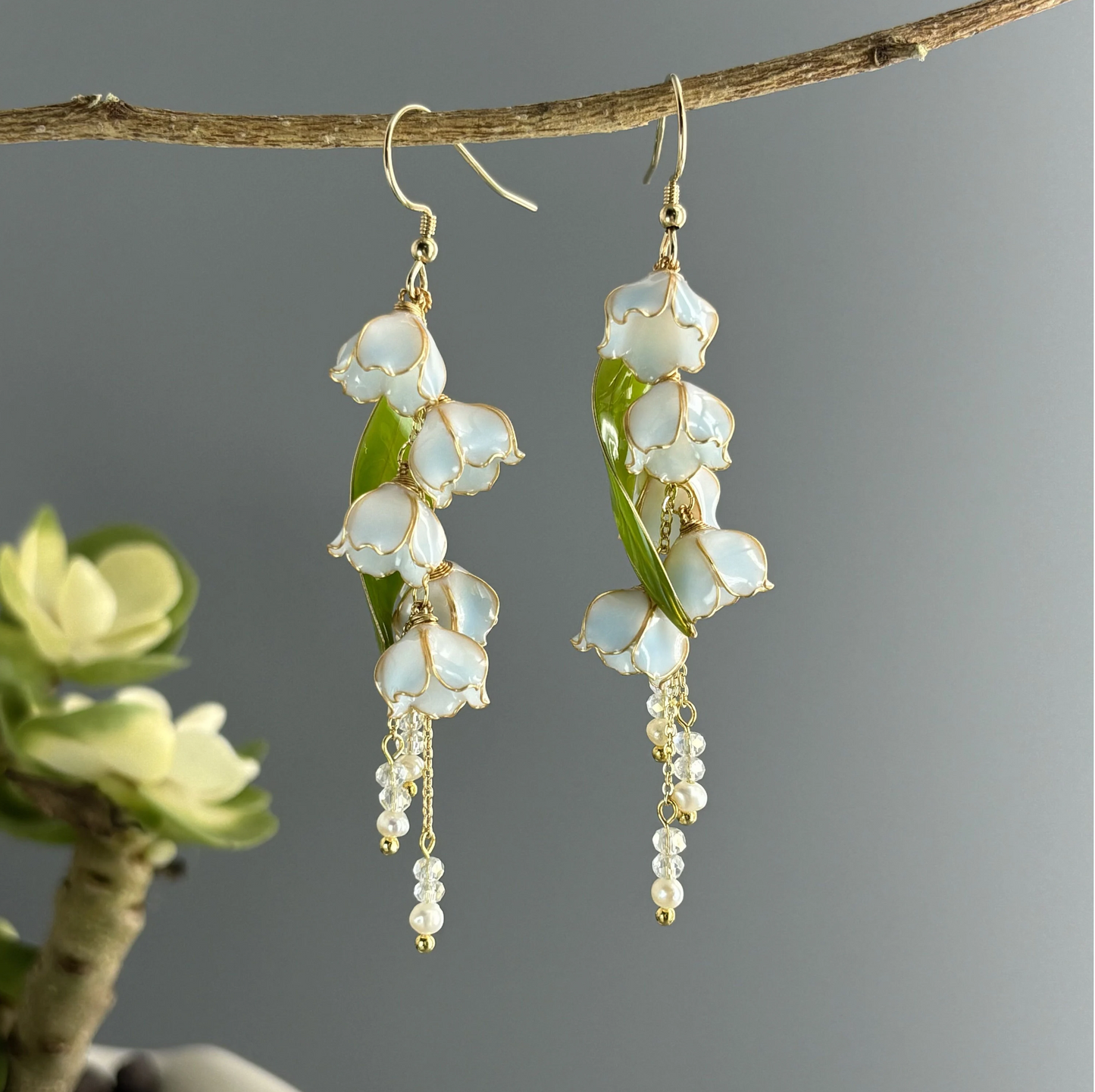 Lily of the Valley Floral Earrings, Cute Wire Wrapped Resin Dangle Drop Earrings, Nature Fairy Wedding Jewelry, Bridal Shower Gift for Her