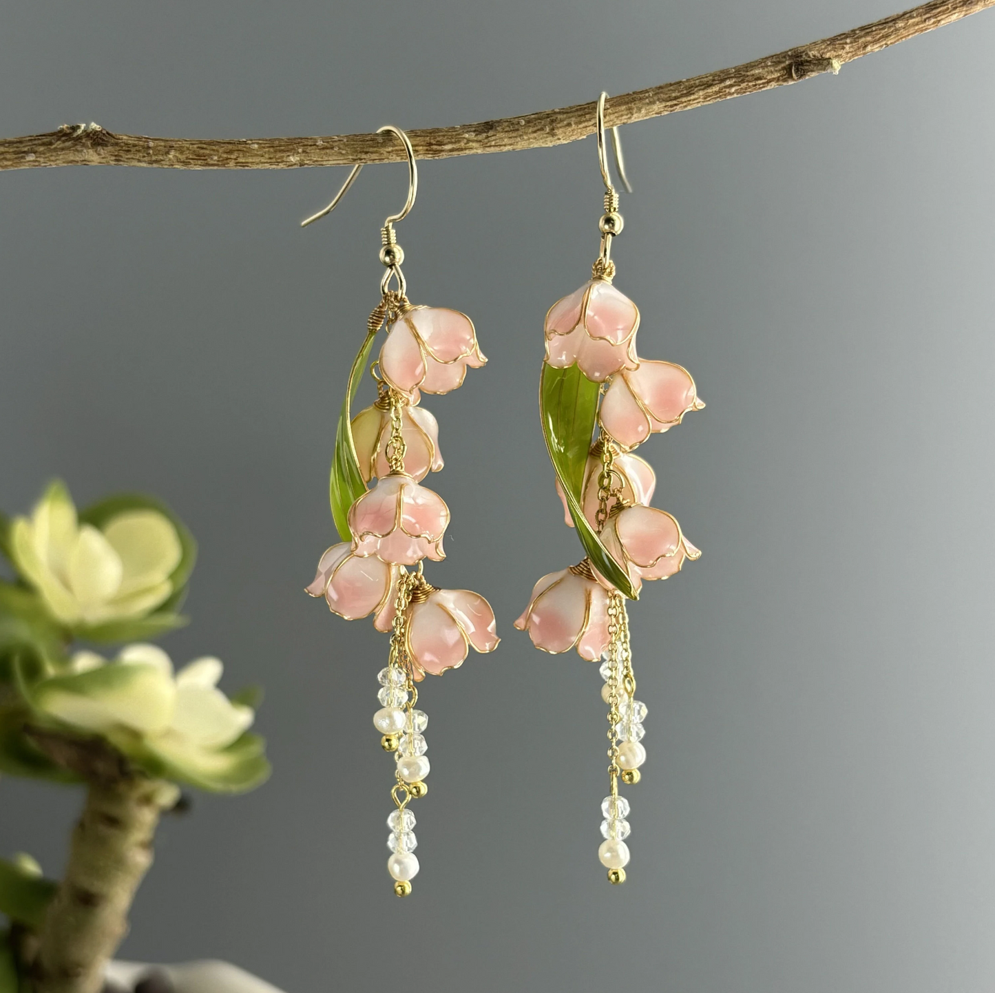 Lily of the Valley Floral Earrings, Cute Wire Wrapped Resin Dangle Drop Earrings, Nature Fairy Wedding Jewelry, Bridal Shower Gift for Her