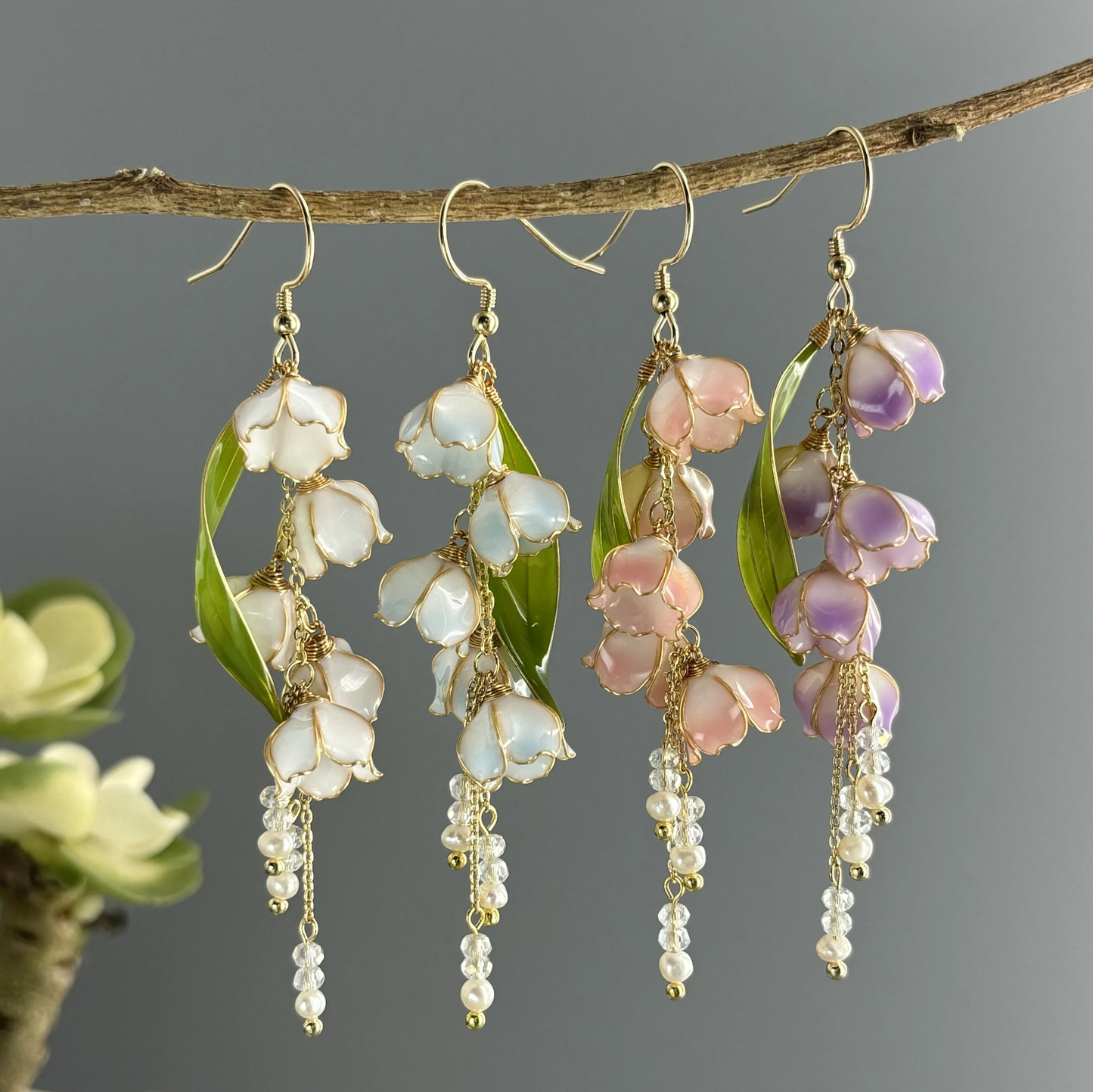 Lily of the Valley Floral Earrings, Cute Wire Wrapped Resin Dangle Drop Earrings, Nature Fairy Wedding Jewelry, Bridal Shower Gift for Her