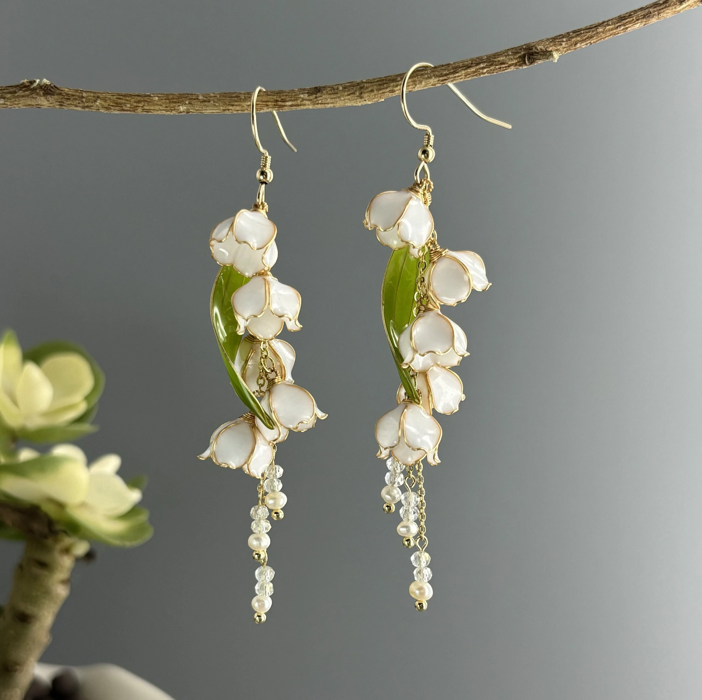 Lily of the Valley Floral Earrings, Cute Wire Wrapped Resin Dangle Drop Earrings, Nature Fairy Wedding Jewelry, Bridal Shower Gift for Her