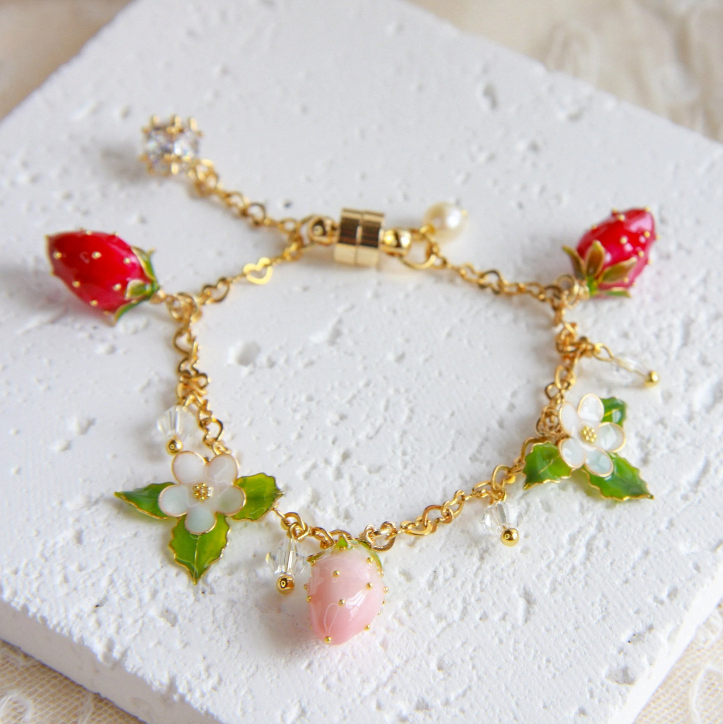 Fruit Food Strawberry Bracelet, Natural Fairy Plant Floral Bracelet, Cute Kawaii Gold Wire Wrapped Resin Bracelet, Mothers Day Gift For Her