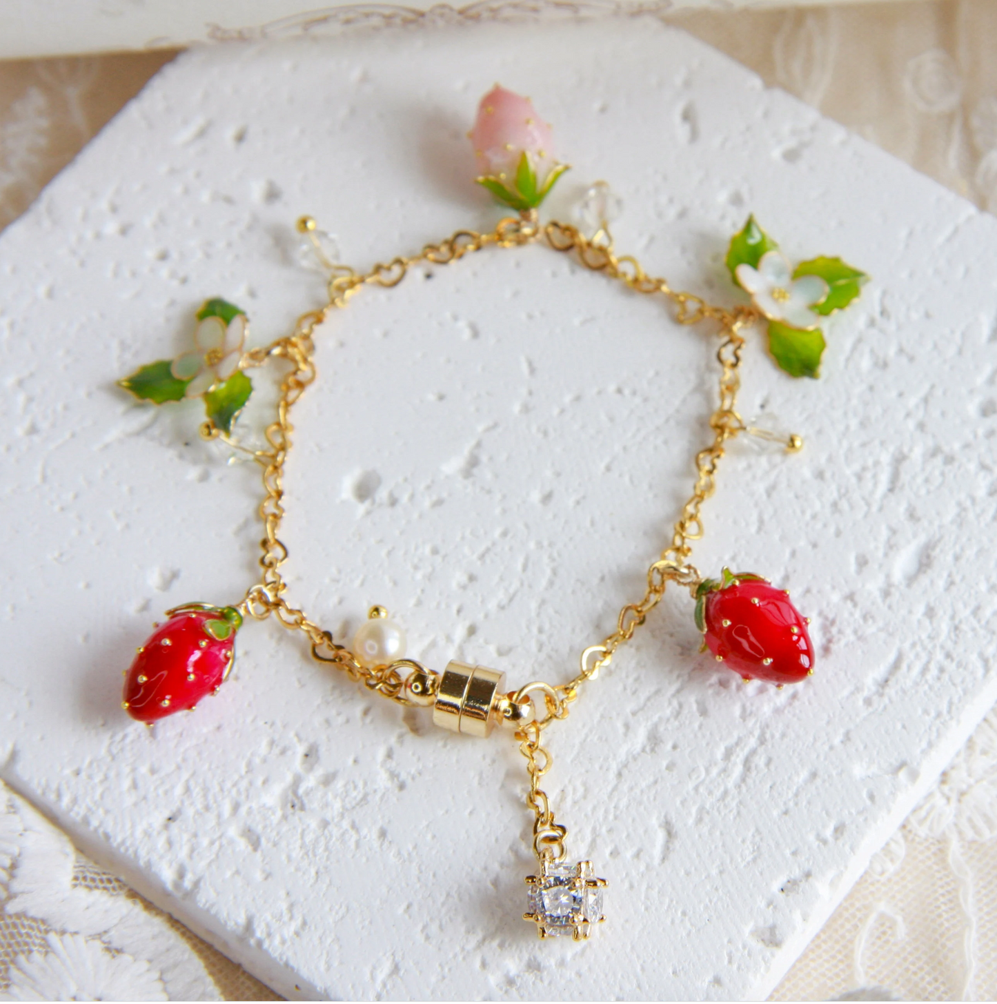 Fruit Food Strawberry Bracelet, Natural Fairy Plant Floral Bracelet, Cute Kawaii Gold Wire Wrapped Resin Bracelet, Mothers Day Gift For Her