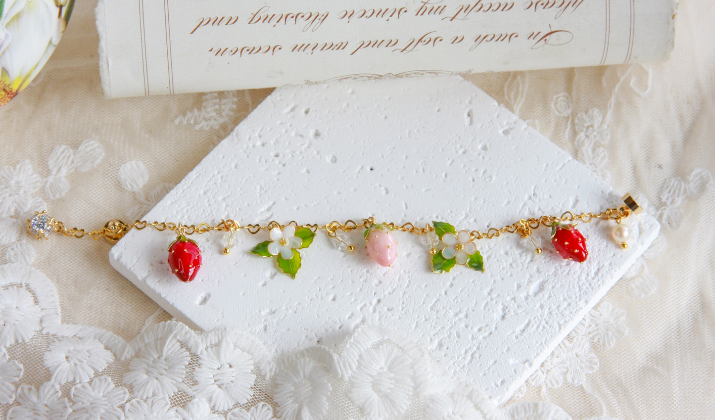 Fruit Food Strawberry Bracelet, Natural Fairy Plant Floral Bracelet, Cute Kawaii Gold Wire Wrapped Resin Bracelet, Mothers Day Gift For Her