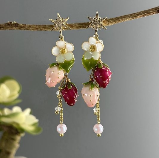 Fruit Food Strawberry Earrings, Cute Kawaii Spring Earrings, Nature Wire Wrapped Resin Dangle Drop Jewelry, Mothers day Wedding gift for Her